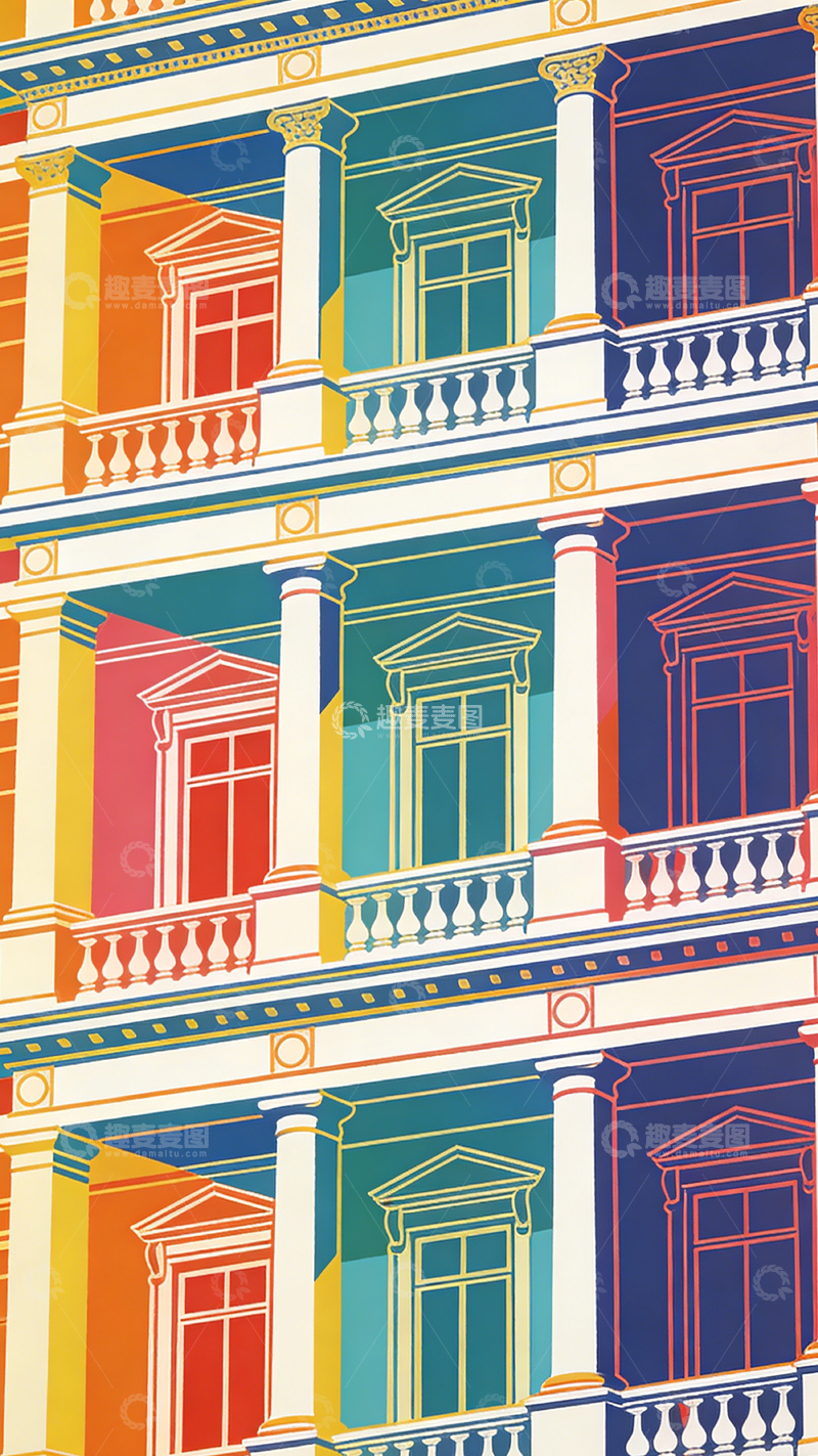 高清大图下载【趣麦麦图】彩色建筑立面插画设计素材