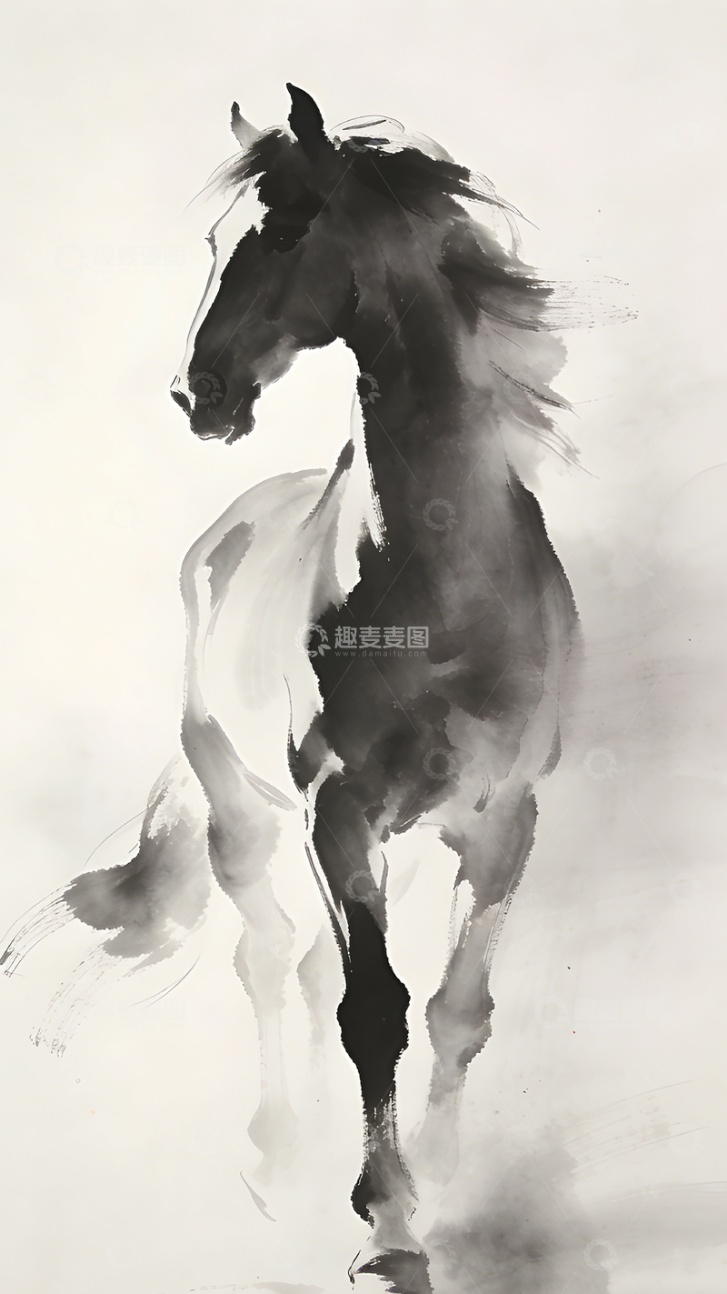 高清大图下载【趣麦麦图】水墨画马匹跃动画作
