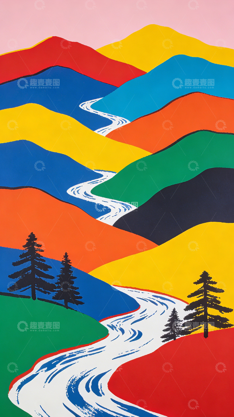 高清大图下载【趣麦麦图】彩色山脉风景装饰画