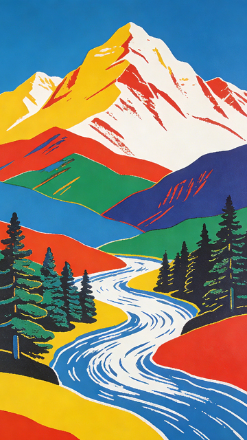 色彩鲜艳山水风景版画