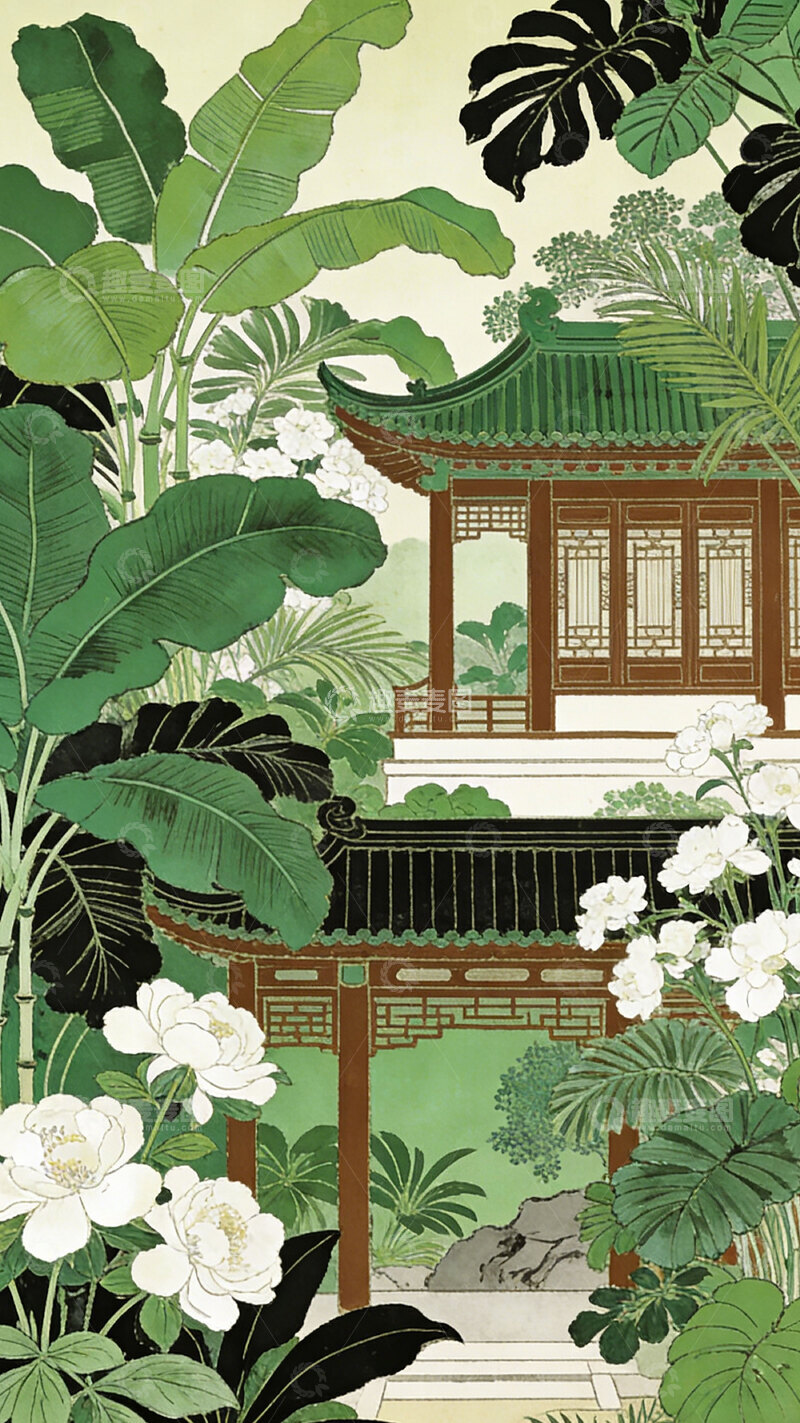 高清大图下载【趣麦麦图】东方园林风格插画亭台楼阁