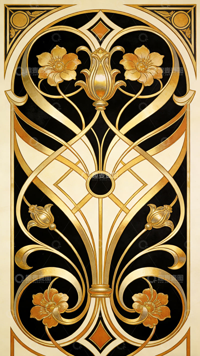 高清大图下载【趣麦麦图】新艺术风格金色花卉装饰图案