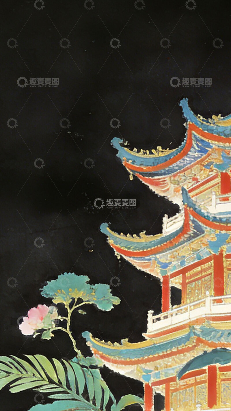 高清大图下载【趣麦麦图】东方建筑花卉水墨画