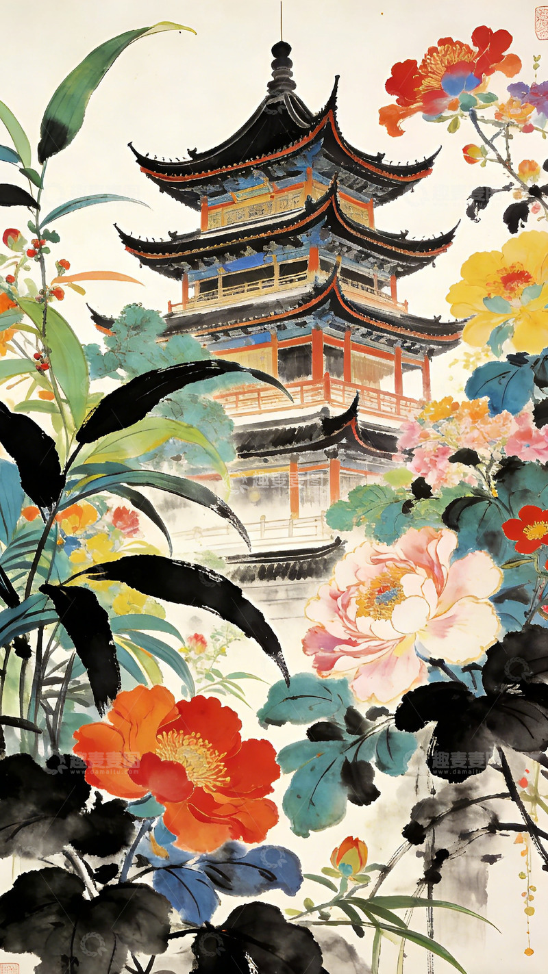 高清大图下载【趣麦麦图】水墨风古建筑花卉艺术画作