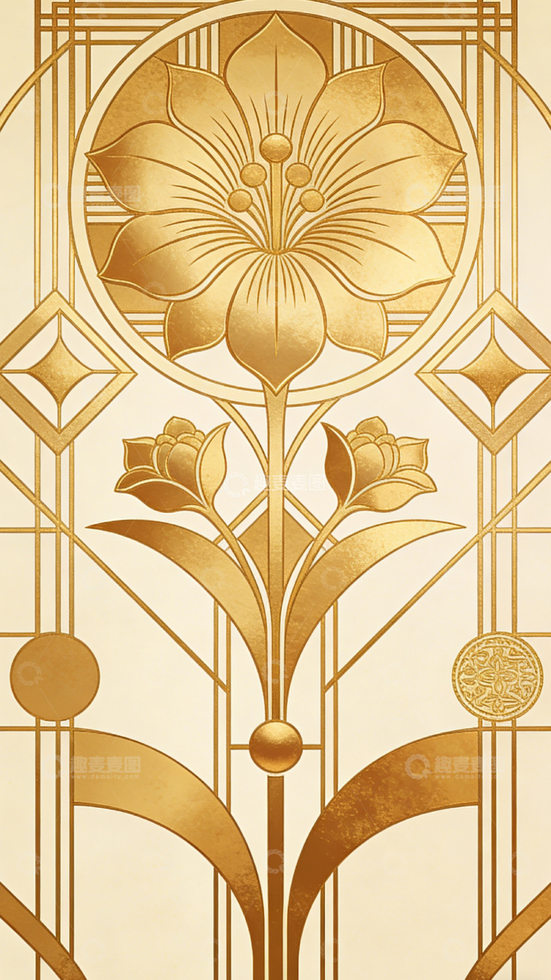高清大图下载【趣麦麦图】金色新艺术风格花卉装饰画