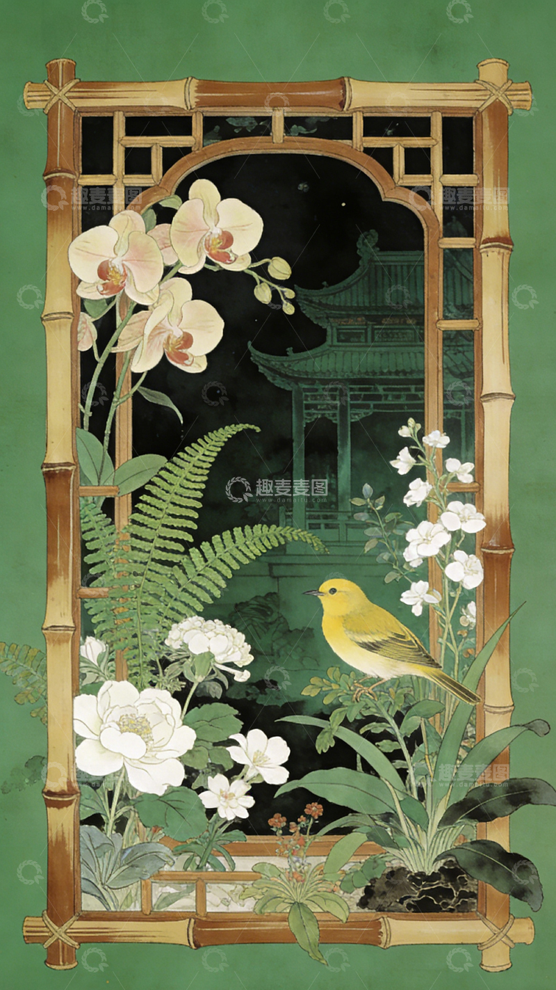 高清大图下载【趣麦麦图】工笔画窗景花鸟图