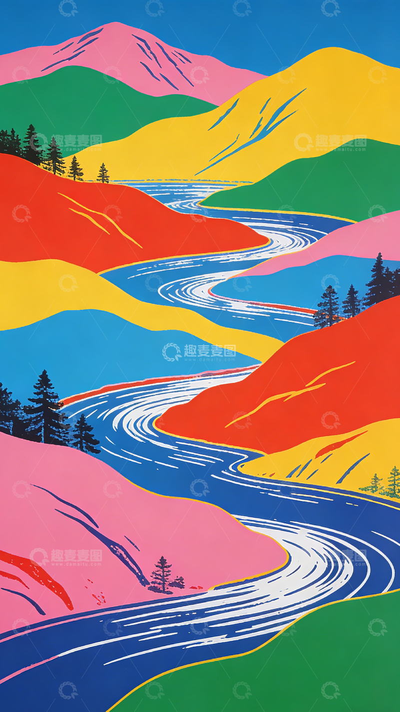 高清大图下载【趣麦麦图】多彩山川风景插画设计图