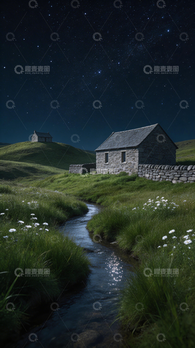 高清大图下载【趣麦麦图】星空下溪流旁石屋风景画
