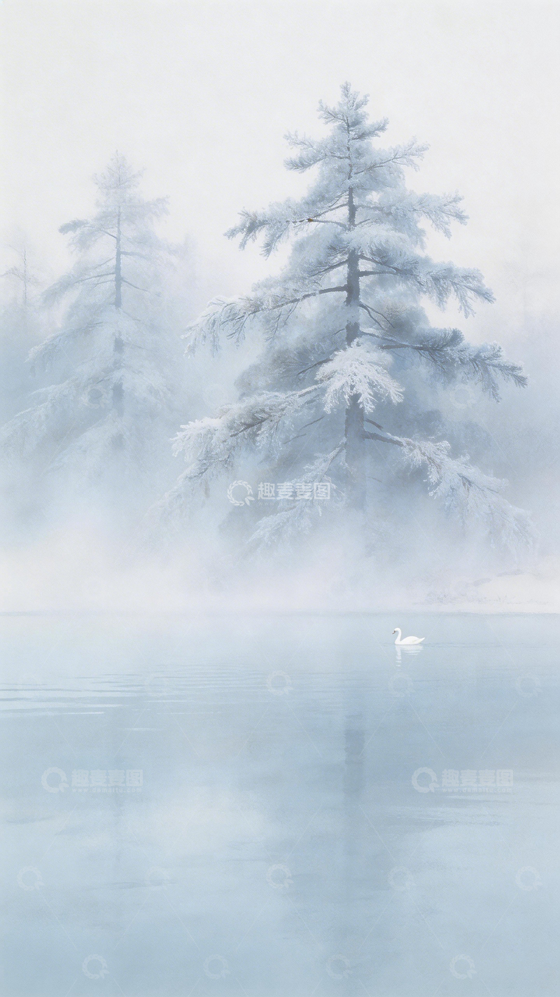 高清大图下载【趣麦麦图】雾凇湖泊天鹅美景