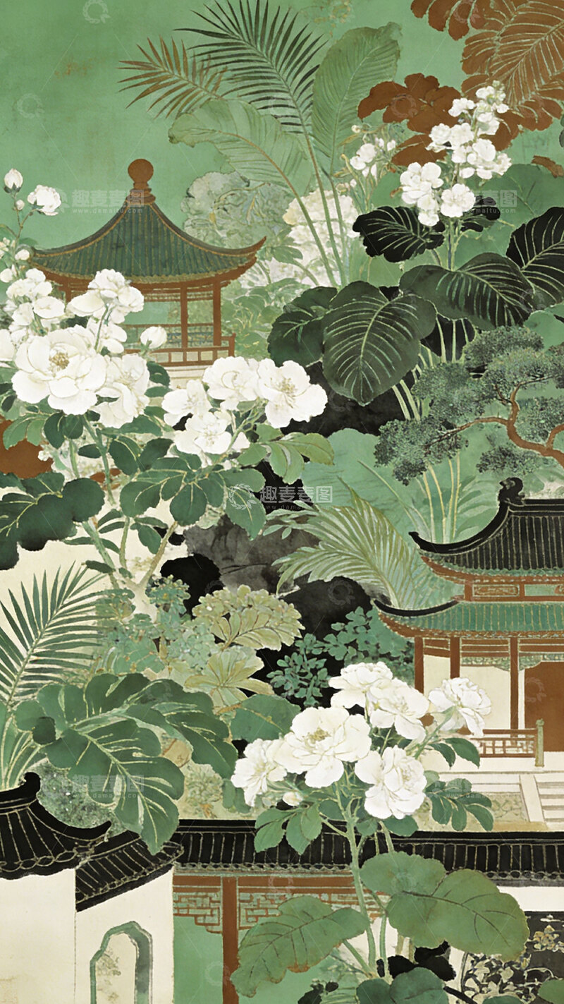 高清大图下载【趣麦麦图】传统中式花园景致水墨画