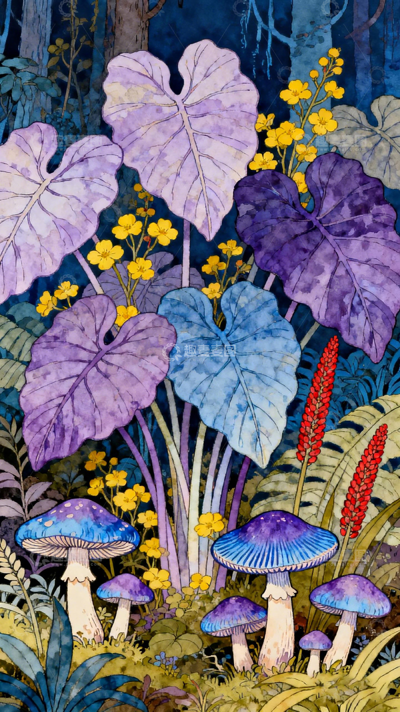 高清大图下载【趣麦麦图】水彩梦幻森林植物插画