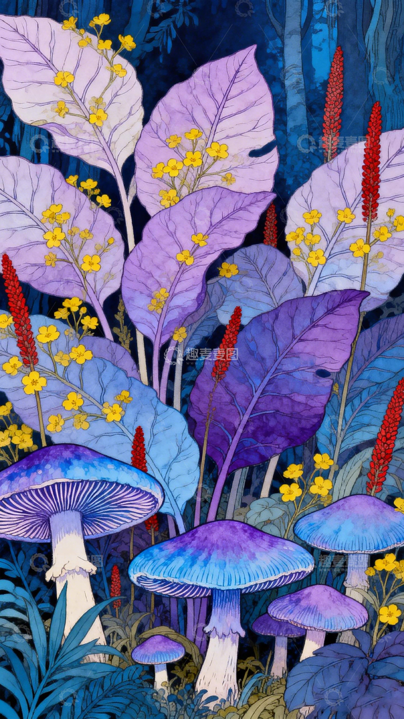 高清大图下载【趣麦麦图】彩绘森林蘑菇植物插画