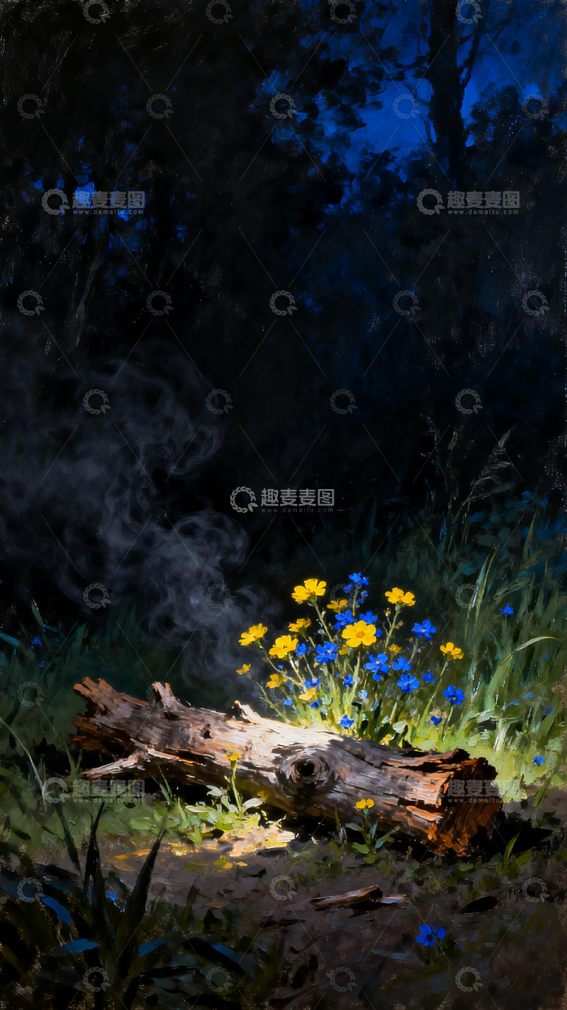 高清大图下载【趣麦麦图】夜色森林野花手绘