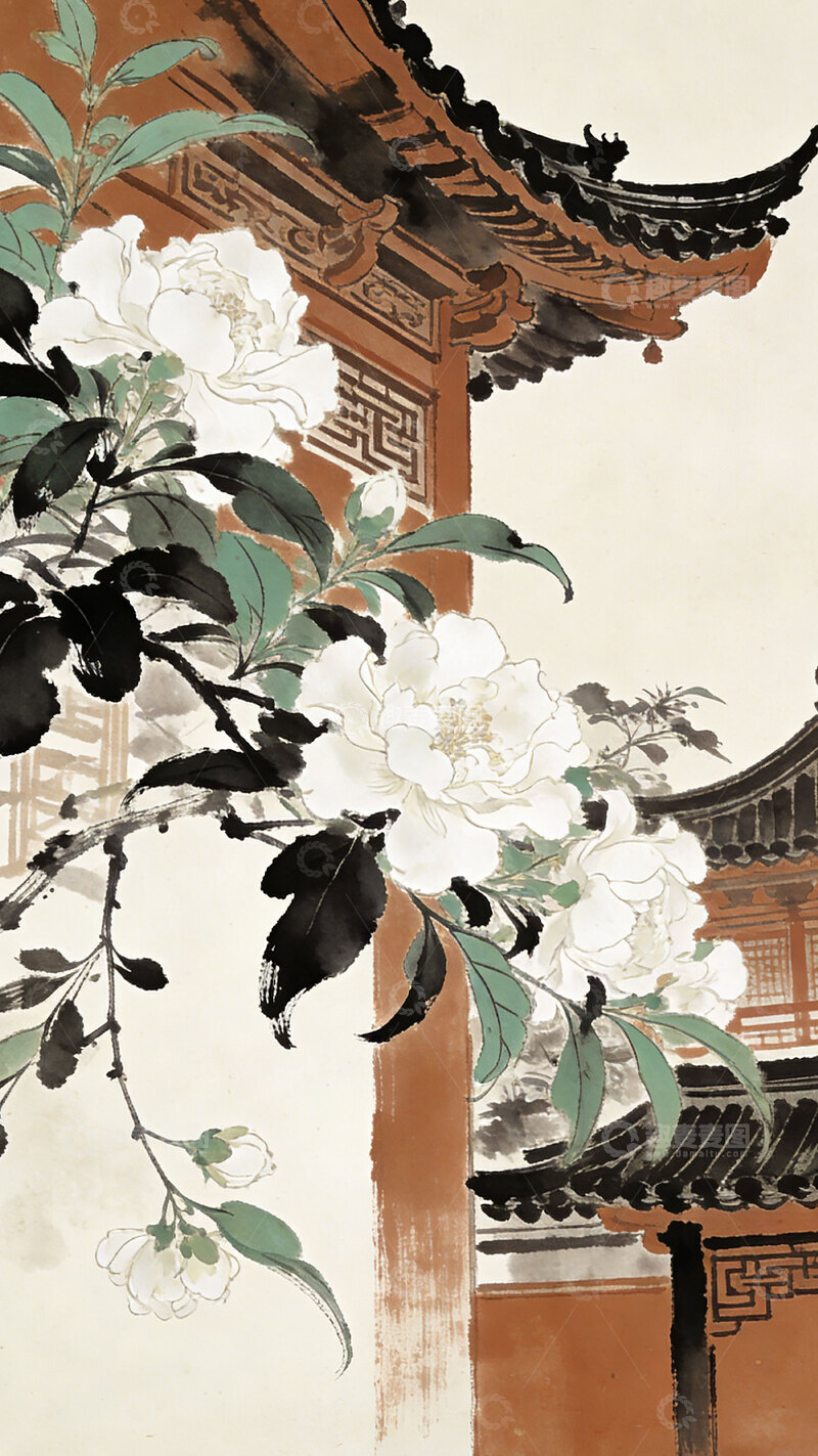 高清大图下载【趣麦麦图】水墨古风庭院花卉国画艺术