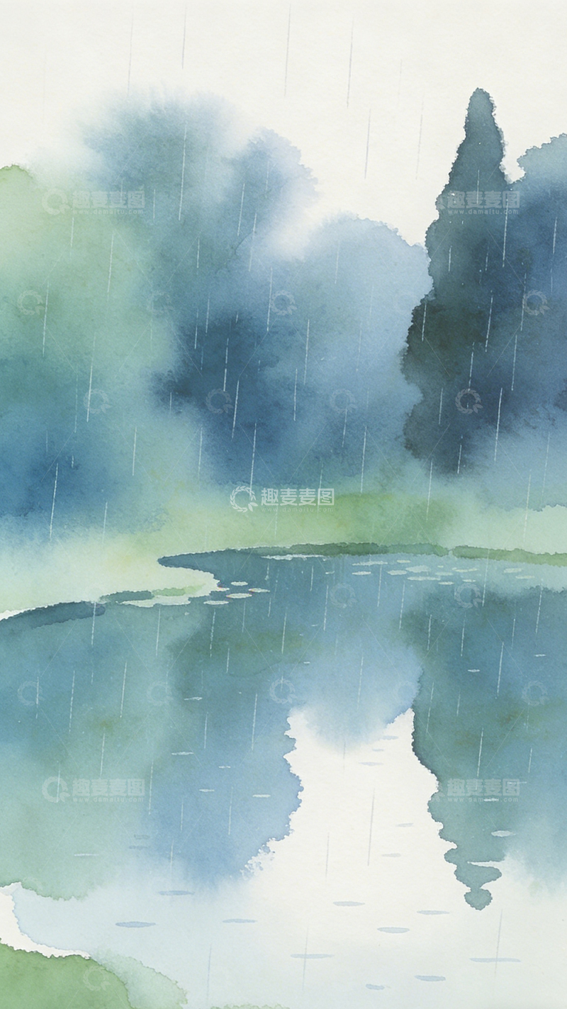 高清大图下载【趣麦麦图】水彩雨景山水意境图
