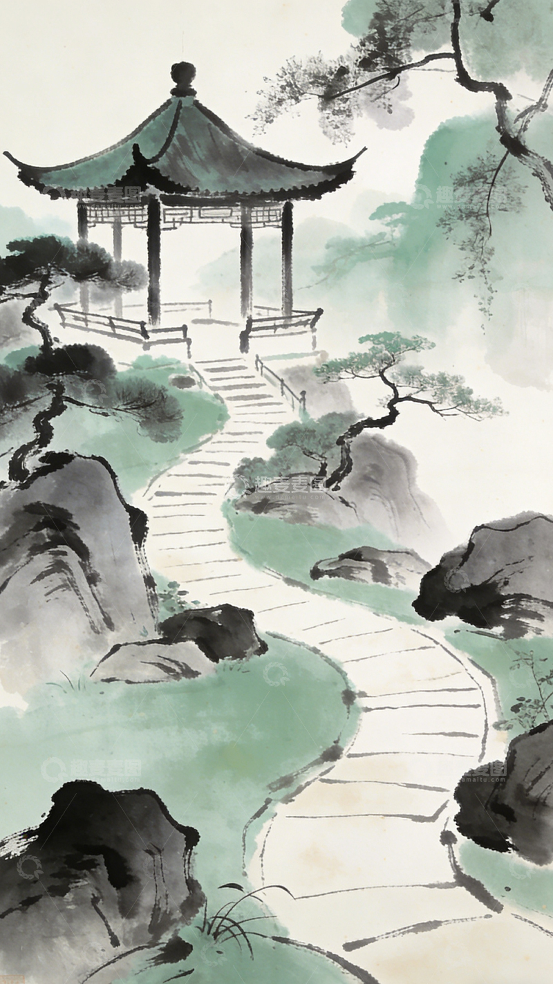 高清大图下载【趣麦麦图】水墨山水亭台楼阁国画