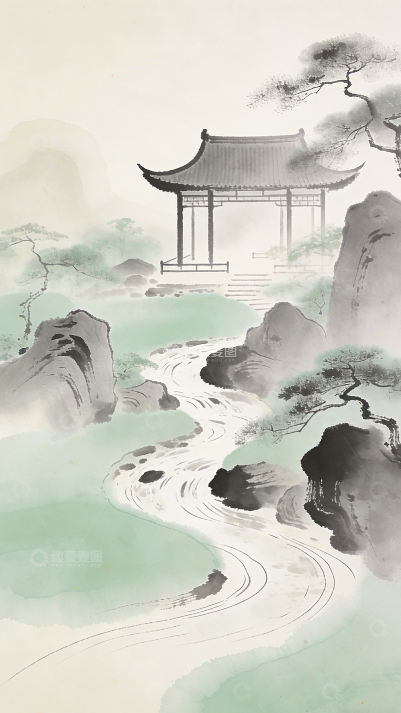 高清大图下载【趣麦麦图】水墨山水亭台楼阁风景画