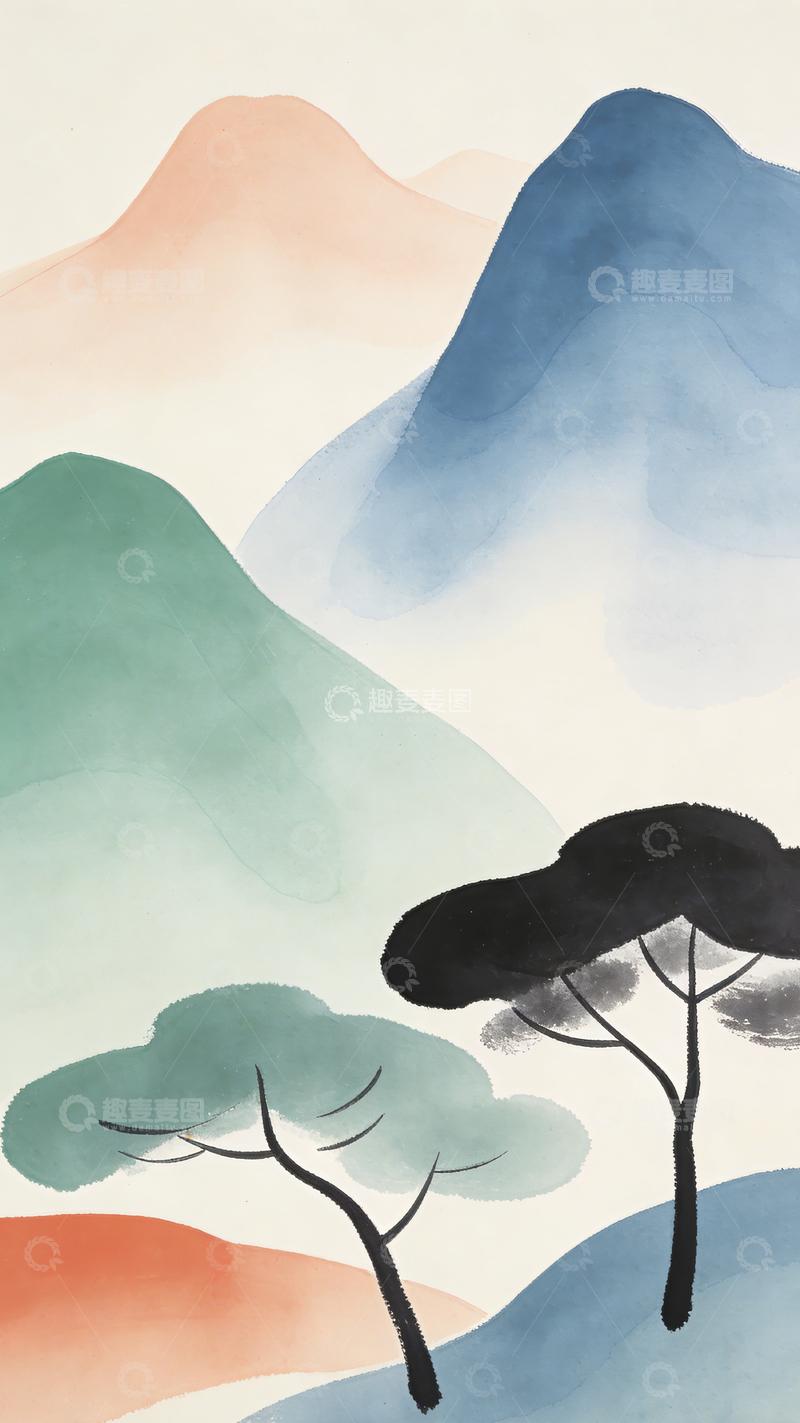 高清大图下载【趣麦麦图】水墨山水风景插画
