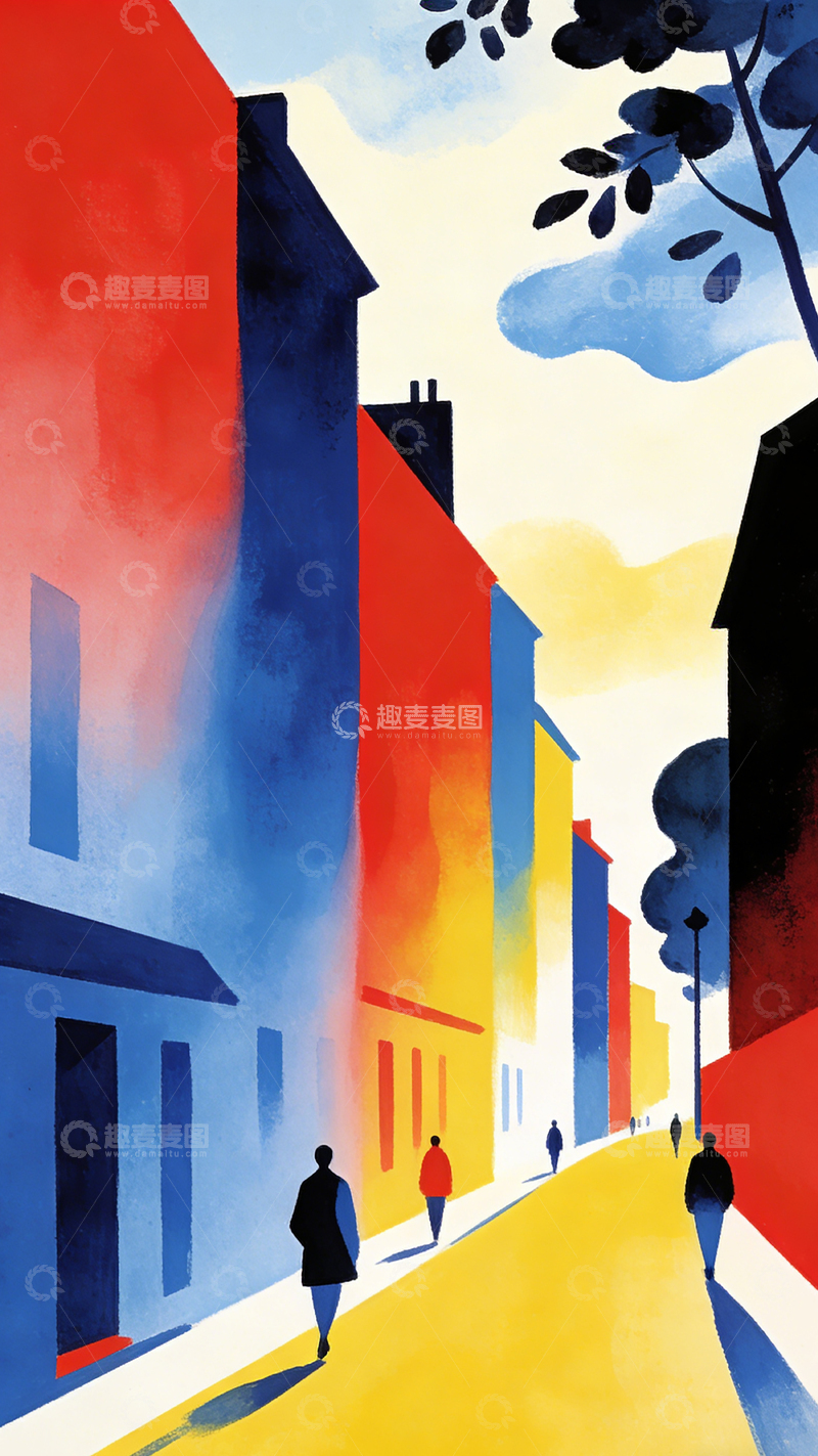 高清大图下载【趣麦麦图】色彩鲜艳城市街景插画