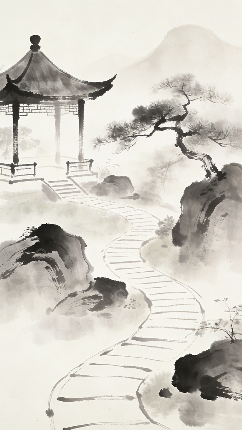 高清大图下载【趣麦麦图】水墨山水画亭台楼阁风光