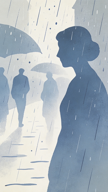 雨天街景女性剪影插画