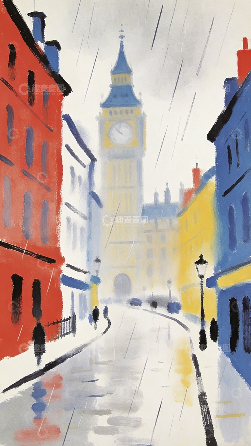 高清大图下载【趣麦麦图】雨中山城大本钟水彩画