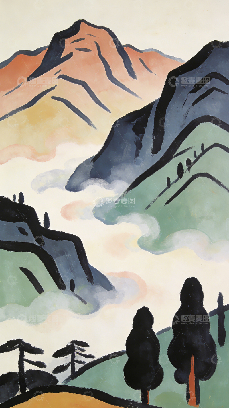 高清大图下载【趣麦麦图】山水水彩手绘风景插画