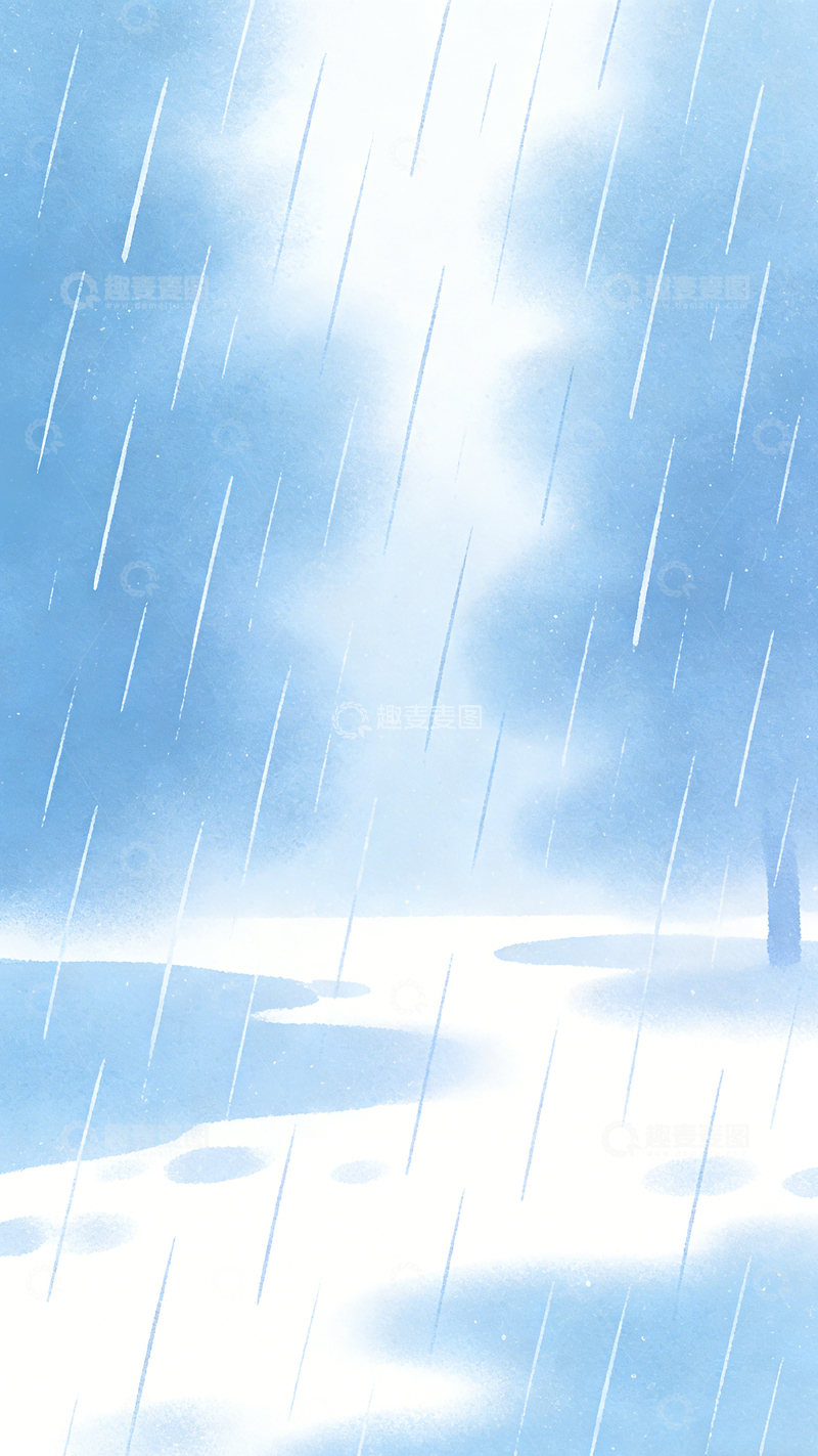 高清大图下载【趣麦麦图】蓝色雨中风景插画
