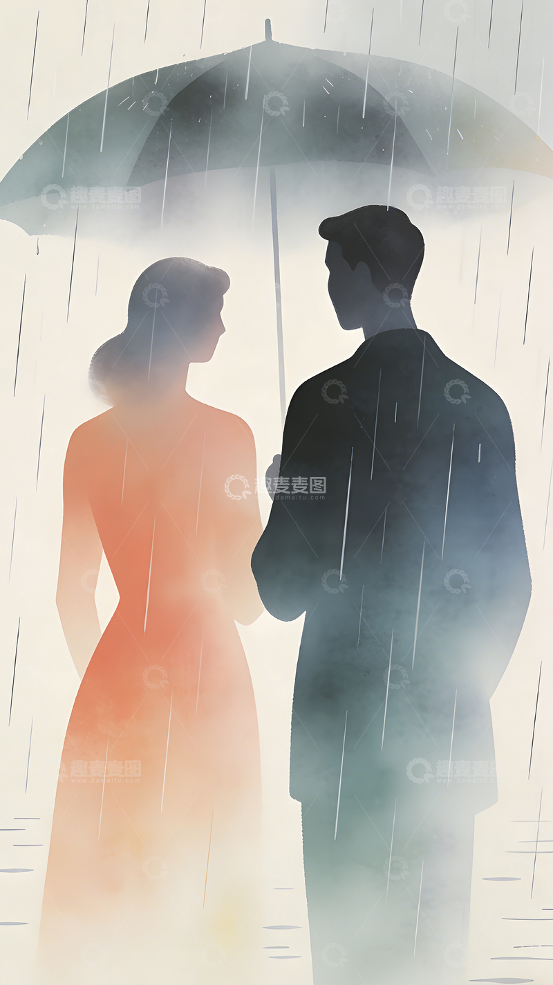 高清大图下载【趣麦麦图】雨中情侣插画设计素材