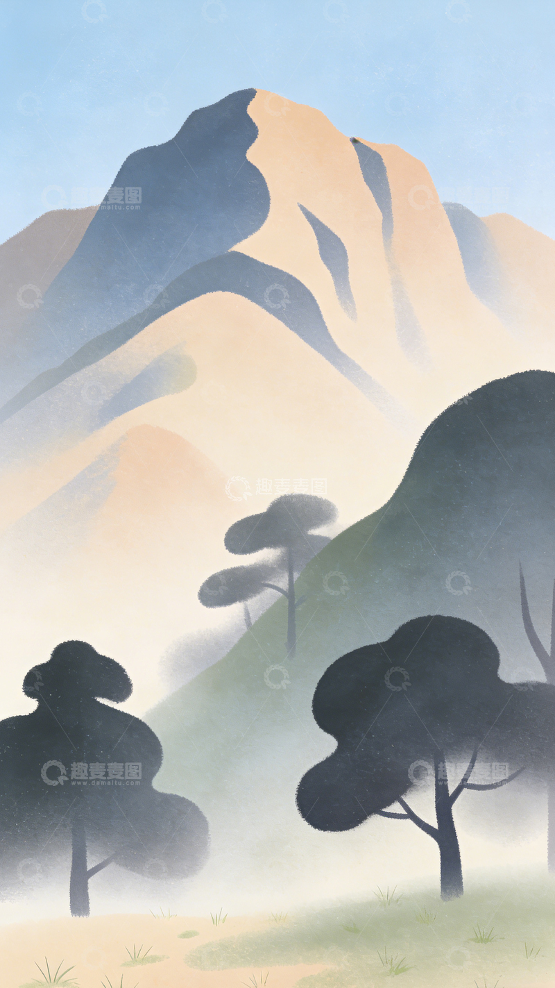 高清大图下载【趣麦麦图】山水水墨画风景插画