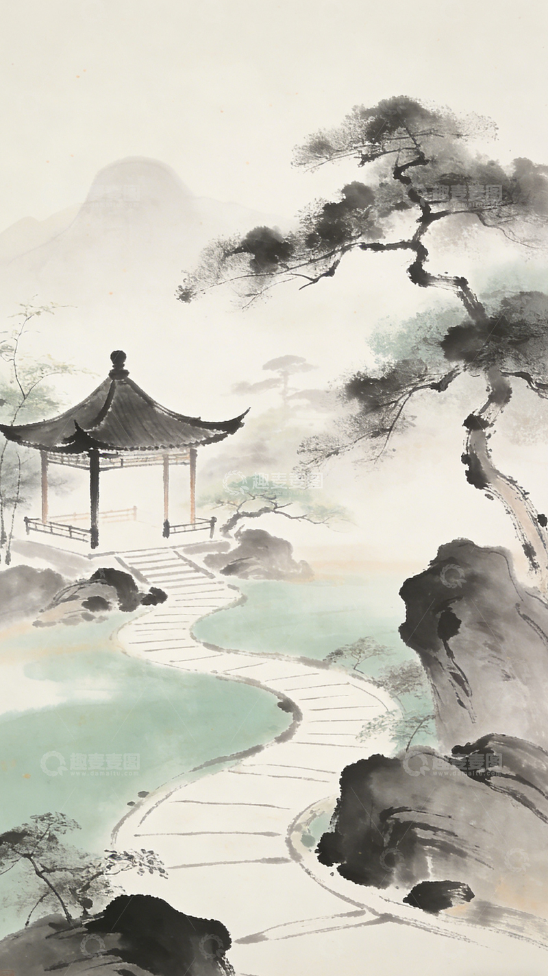 高清大图下载【趣麦麦图】水墨山水亭台楼阁国画