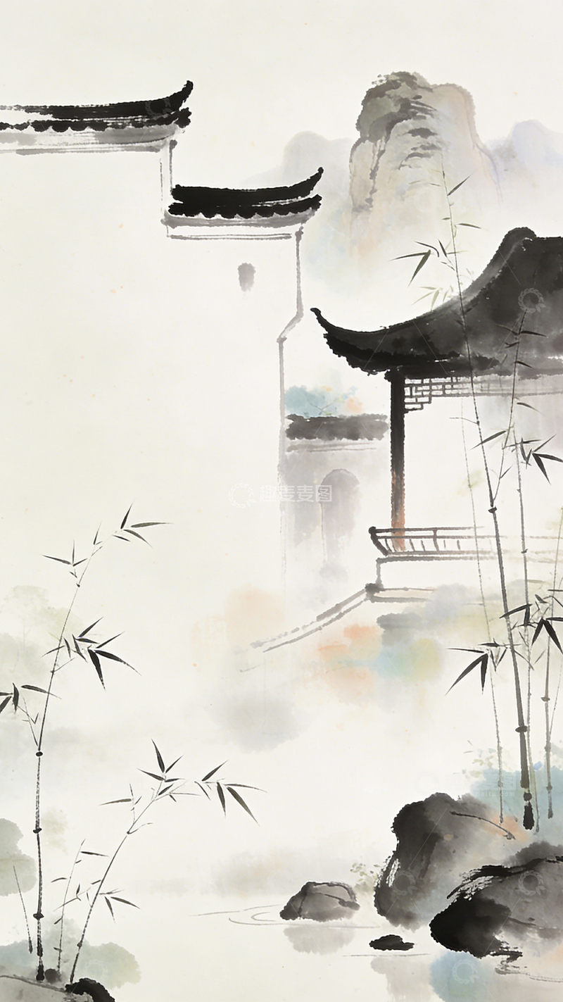 高清大图下载【趣麦麦图】水墨江南庭院风景画