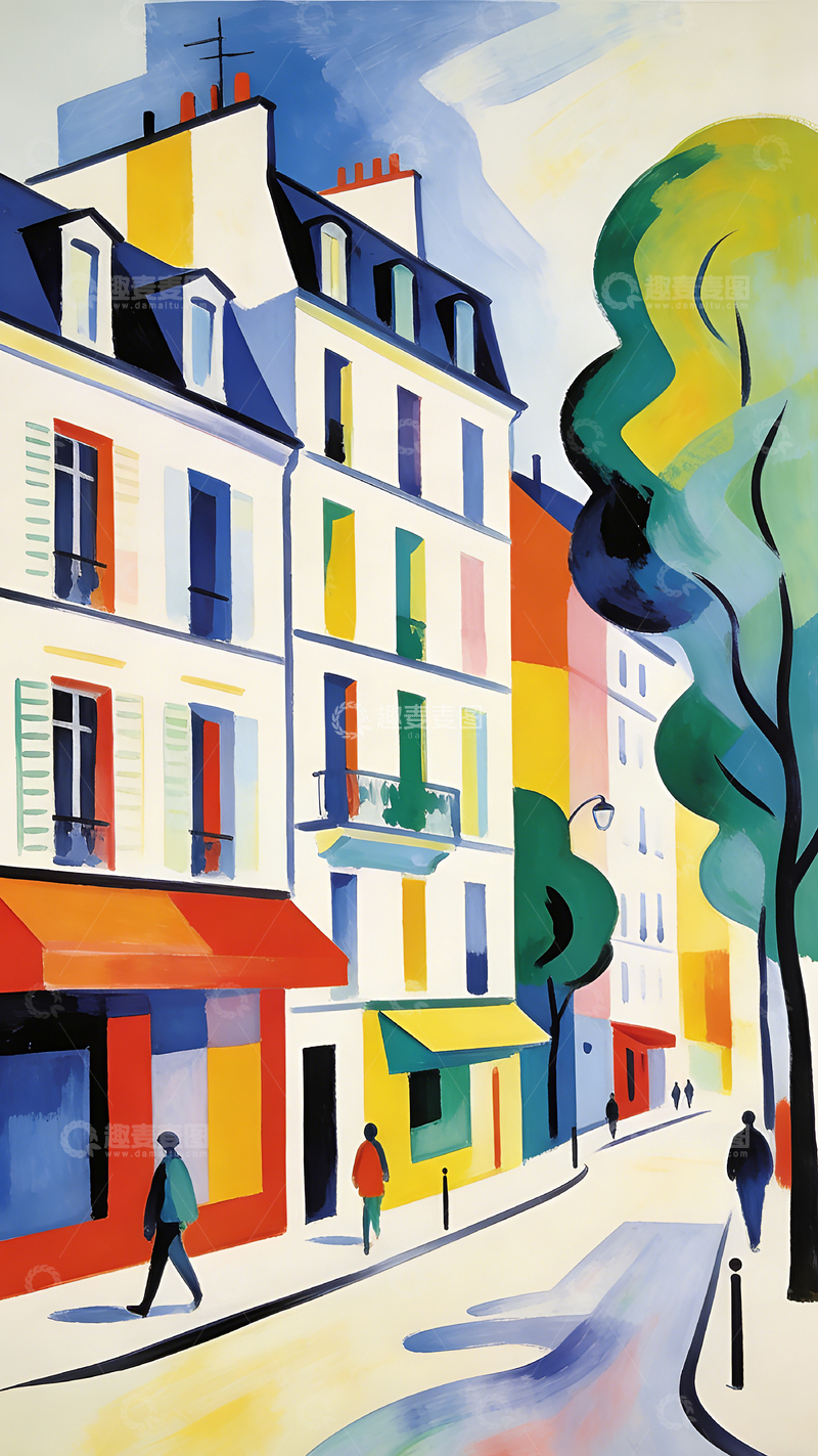 高清大图下载【趣麦麦图】色彩斑斓城市街景油画
