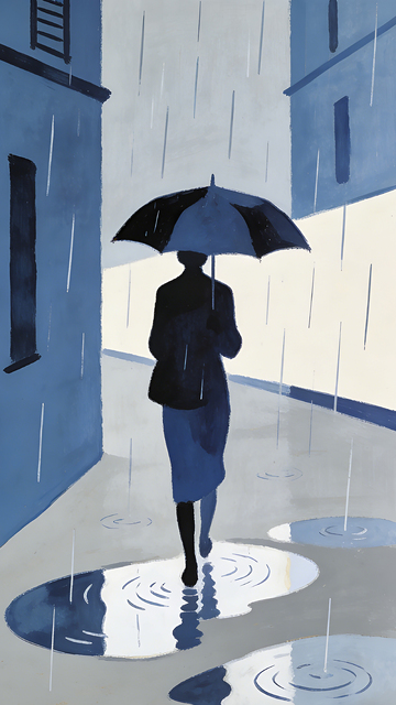 雨天街景蓝色调艺术插画