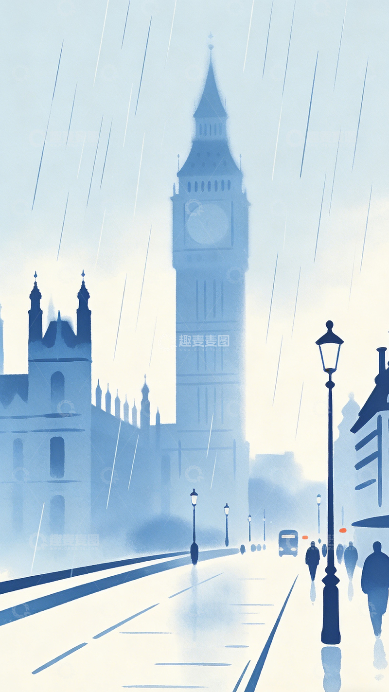 高清大图下载【趣麦麦图】雨中伦敦塔桥插画