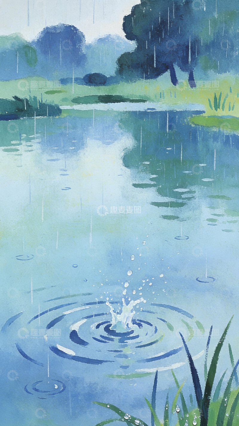高清大图下载【趣麦麦图】水彩雨景湖面风景画