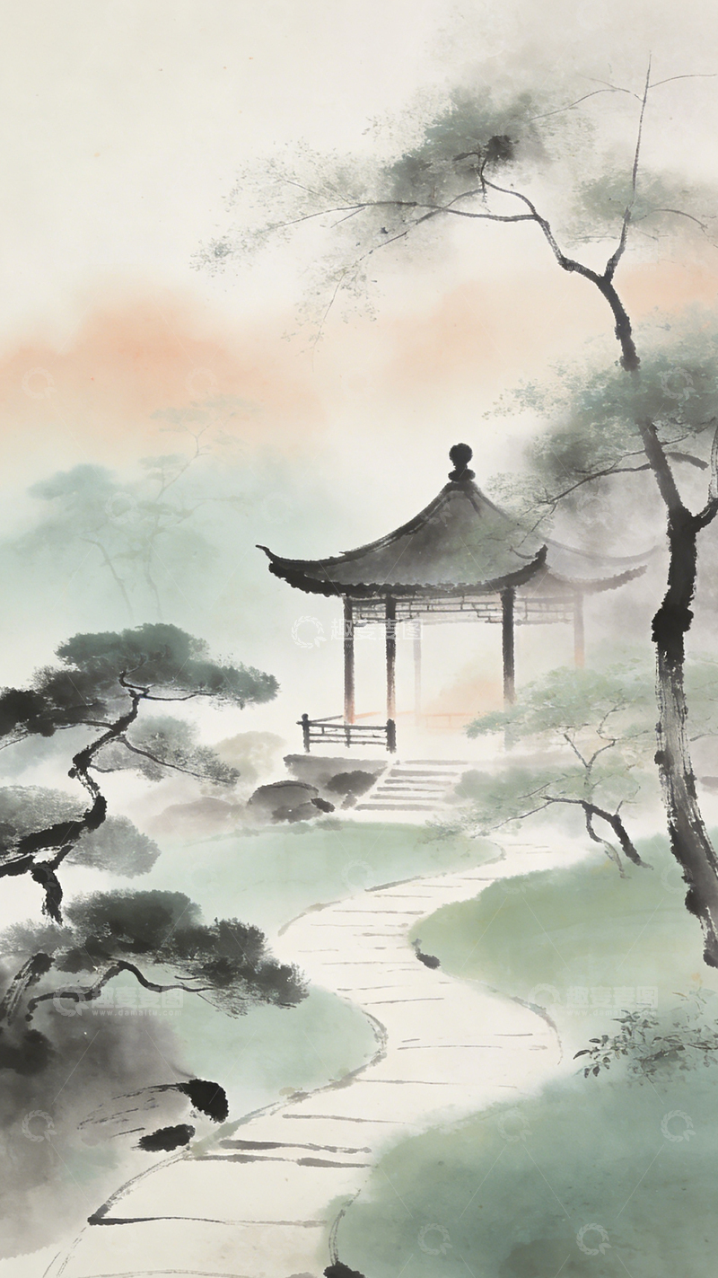 高清大图下载【趣麦麦图】水墨亭台楼阁山水画