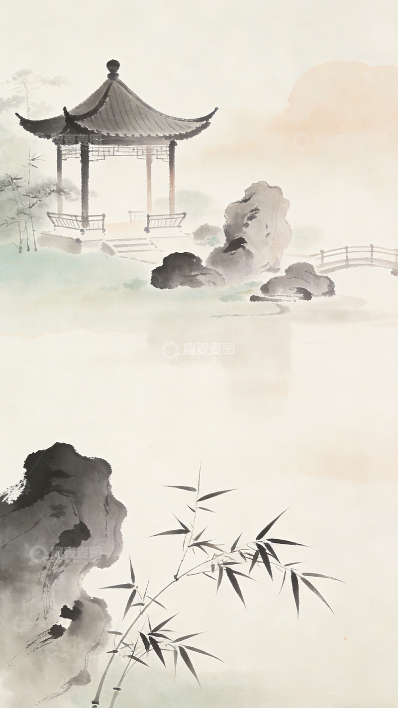 高清大图下载【趣麦麦图】水墨亭台山水风景画