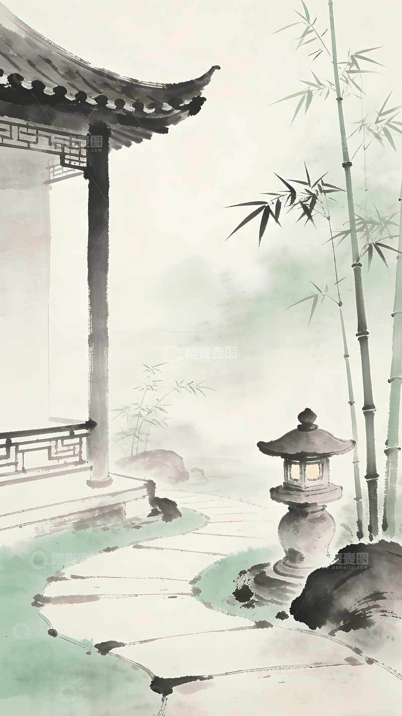 高清大图下载【趣麦麦图】水墨画园林景观竹子石灯笼
