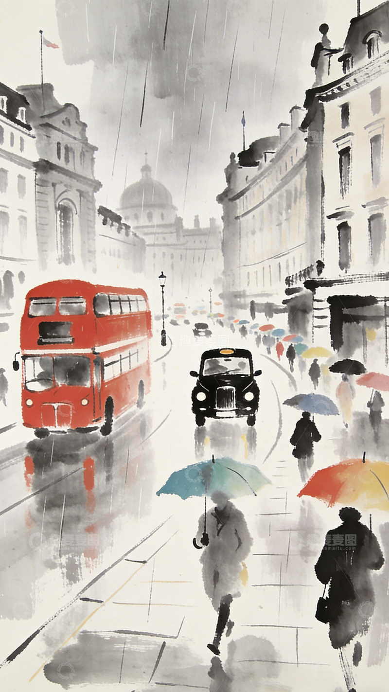 高清大图下载【趣麦麦图】水墨城市雨中街景