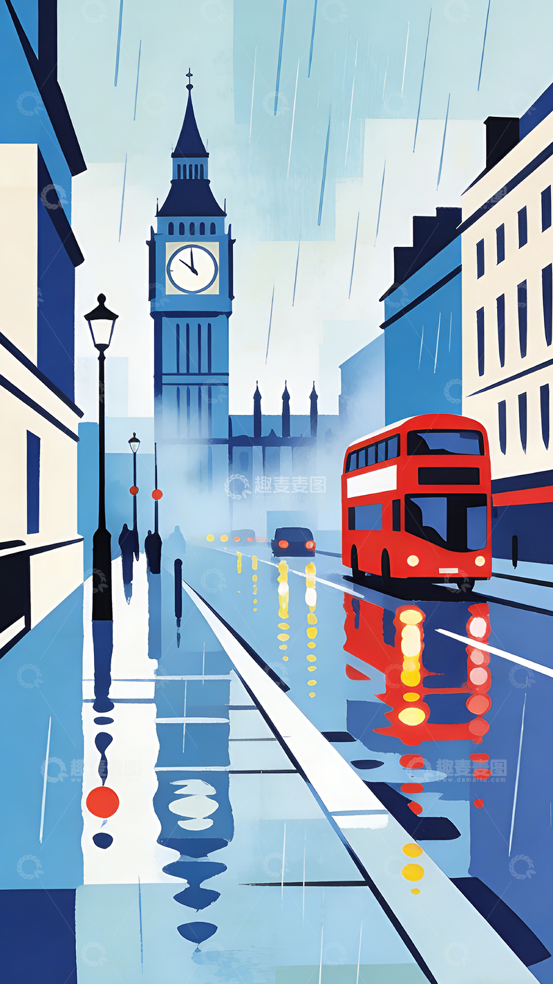 高清大图下载【趣麦麦图】雨中伦敦插画