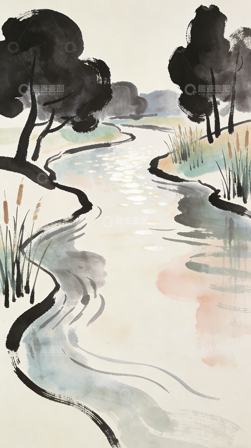 高清大图下载【趣麦麦图】水墨画小河风光