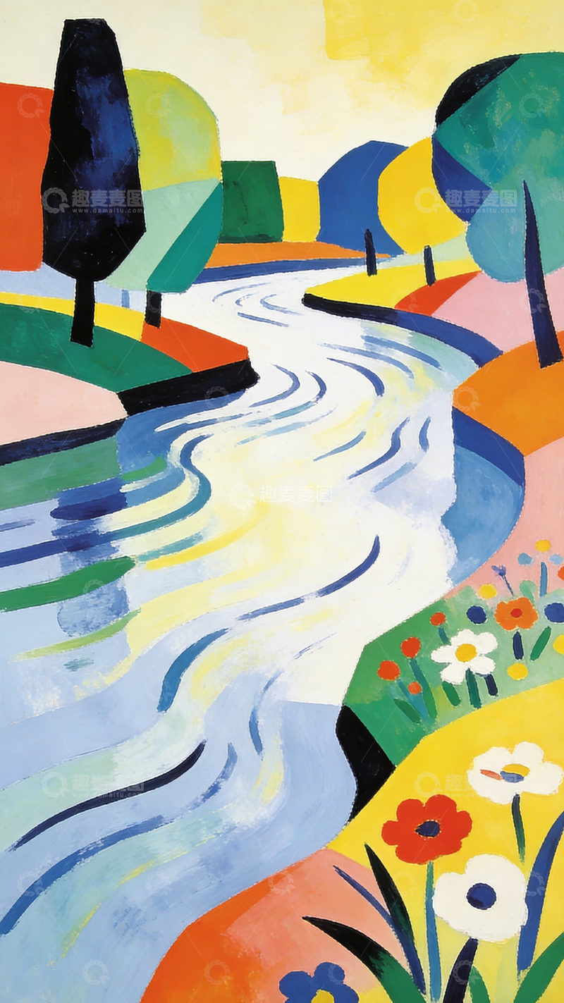 高清大图下载【趣麦麦图】色彩缤纷河流风景现代艺术画作