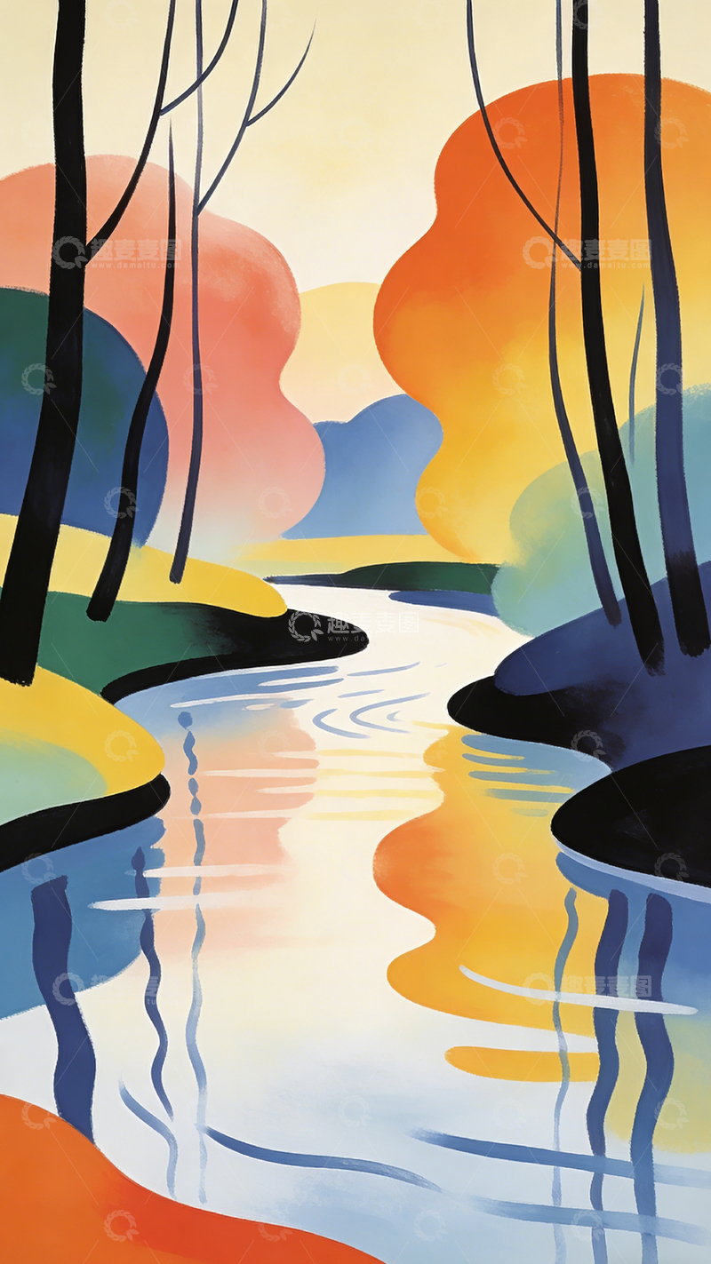 高清大图下载【趣麦麦图】抽象风景画河流树木艺术画作