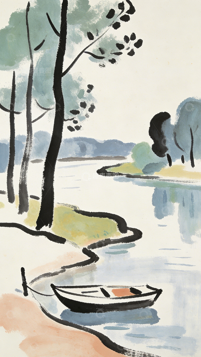高清大图下载【趣麦麦图】水墨风格湖边小船风景画