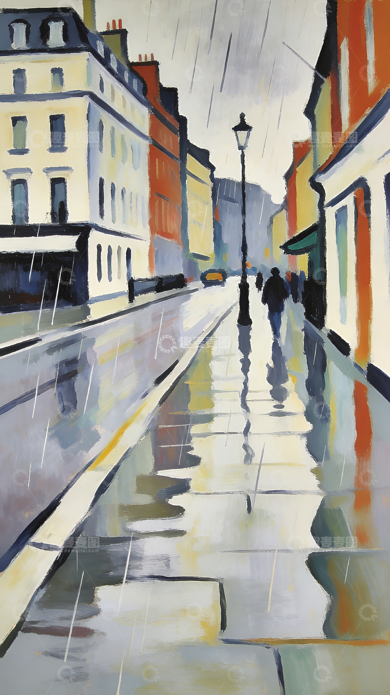 高清大图下载【趣麦麦图】雨街城市印象油画