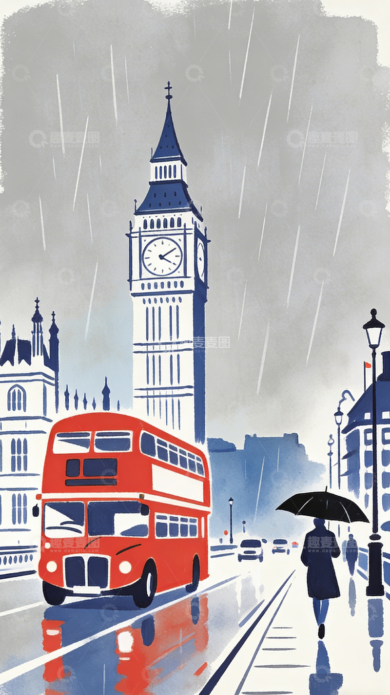 高清大图下载【趣麦麦图】雨中伦敦插画