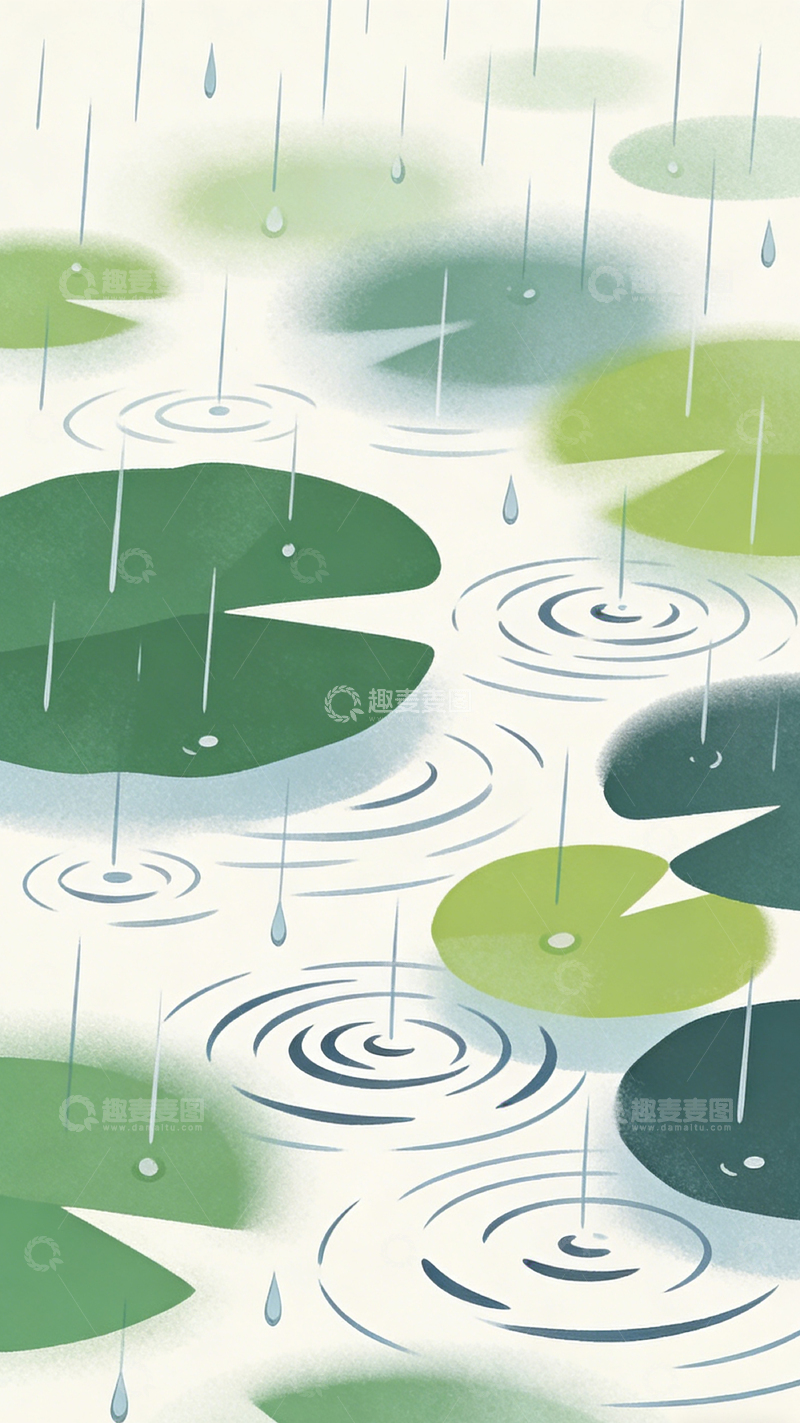 高清大图下载【趣麦麦图】雨滴荷叶插画壁纸