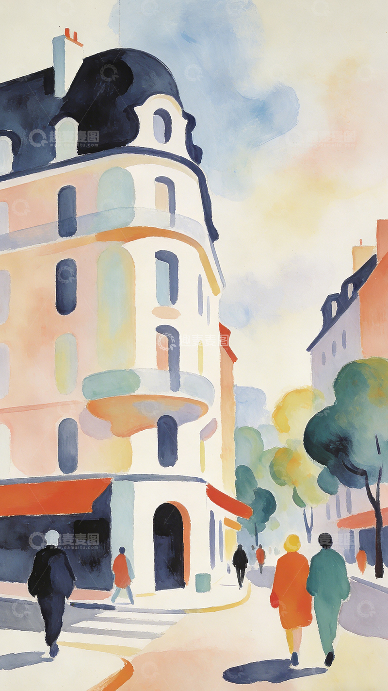 高清大图下载【趣麦麦图】水彩城市街景漫步图