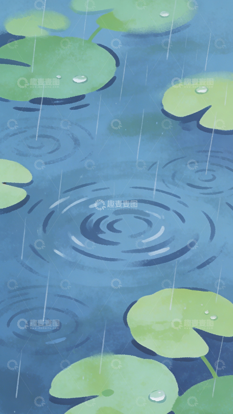 高清大图下载【趣麦麦图】雨中荷叶插画